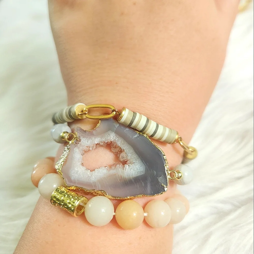 NWT Ryze Natural Stone Peach Aventurine & Geode Stack Bracelets - Set of 3 - Picture 6 of 7